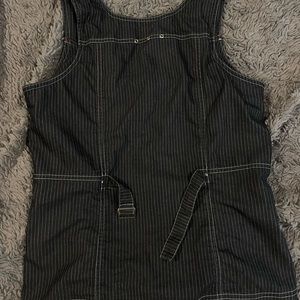 vintage pinstripe vest with lace detailing with belt on the back the cinch.